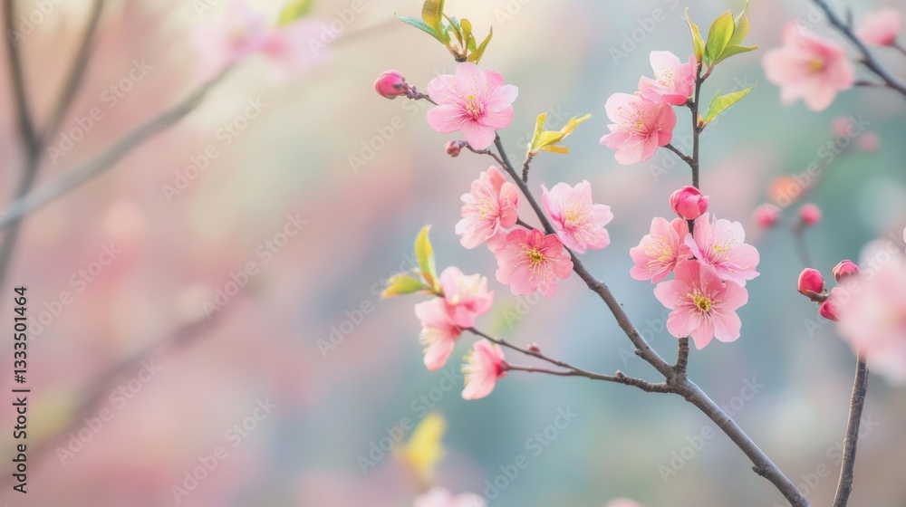 Delicate Willow and Peach Blossoms in Harmony, Symbolizing Renewal and Serenity of Spring Delicate Willow and Peach Blossoms in Harmony, Symbolizing Renewal and Serenity of Spring