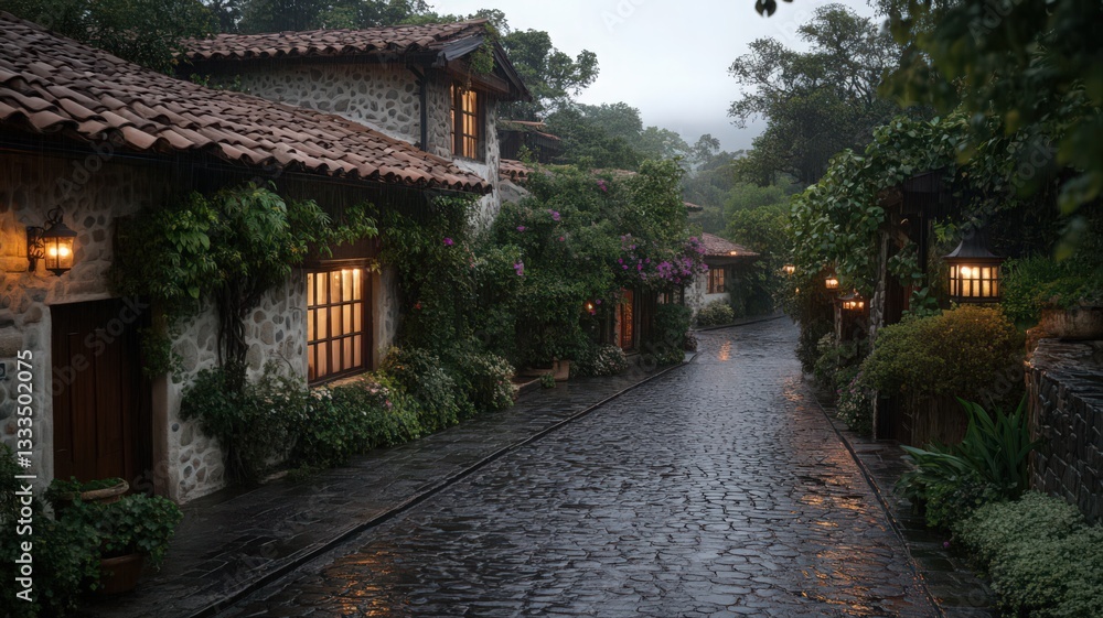 Obraz premium Rainy Day in a Quaint Stone Village