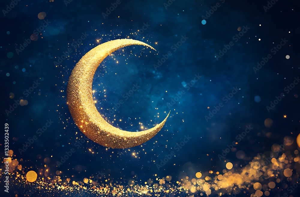 Naklejka premium Shimmering Golden Crescent Moon with Sparkling Particles Against Deep Blue Night Sky