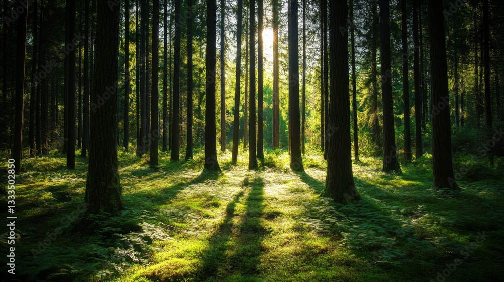 Obraz premium Sunlight streams through a dense forest of tall trees