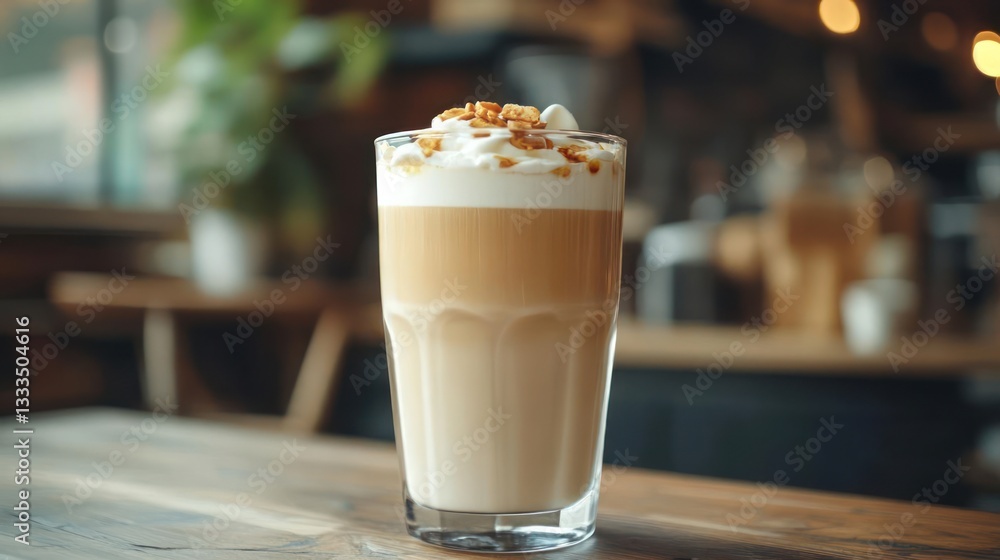 A glass of layered coffee drink with whipped cream and nuts on top A glass of layered coffee drink with whipped cream and nuts on top