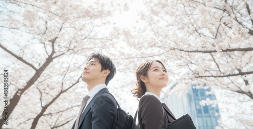 春、希望を胸に空を見つめる新社会人と満開の桜