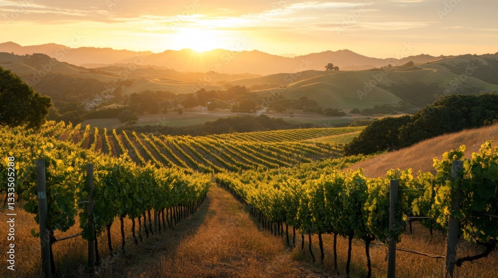 Naklejka premium Golden Hour Vineyard Sunset Landscape Scenic View