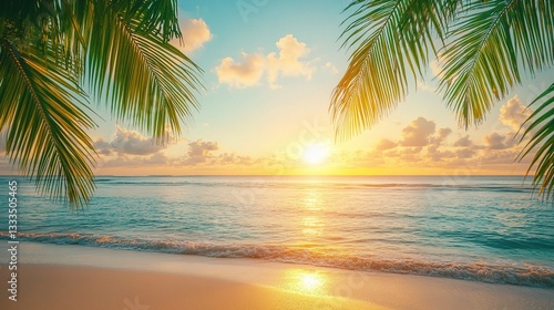 Serene Tropical Beach at Sunset with Palm Trees and Calm Ocean Waves