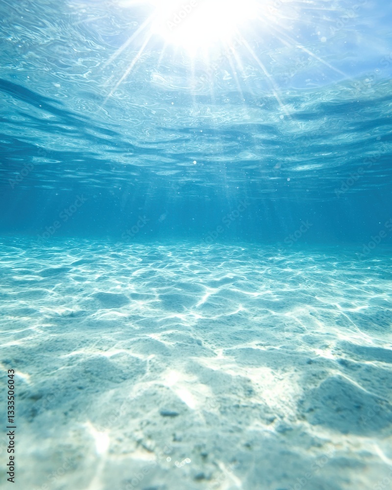 Fototapeta premium Clear Tranquil Underwater Scene with Sunlight Reflections and Sandy Bottom
