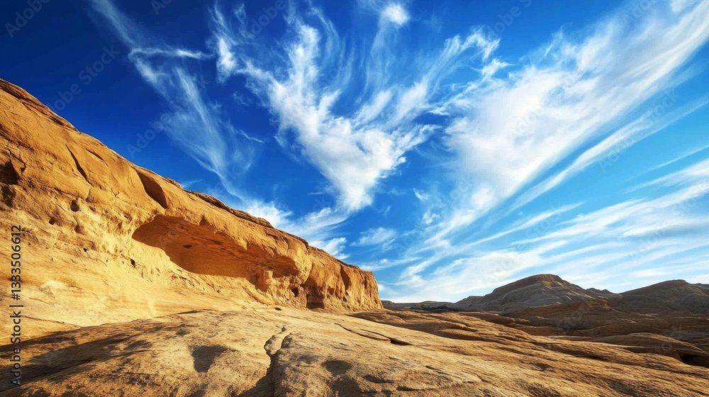 Fototapeta premium Sandstone Cave Under a Vivid Blue Sky with Wispy Clouds