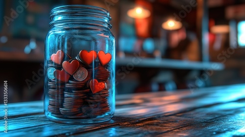 Obraz na płótnie Glass jar filled with coins and hearts w salonie