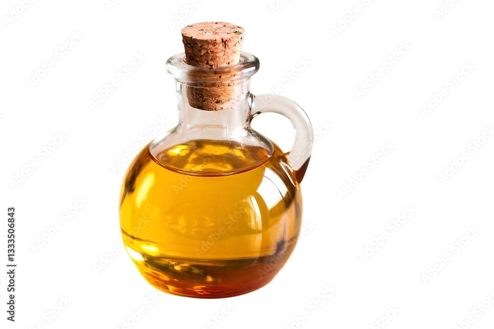 A photo of a clear glass bottle filled with golden oil A photo of a clear glass bottle filled with golden oil