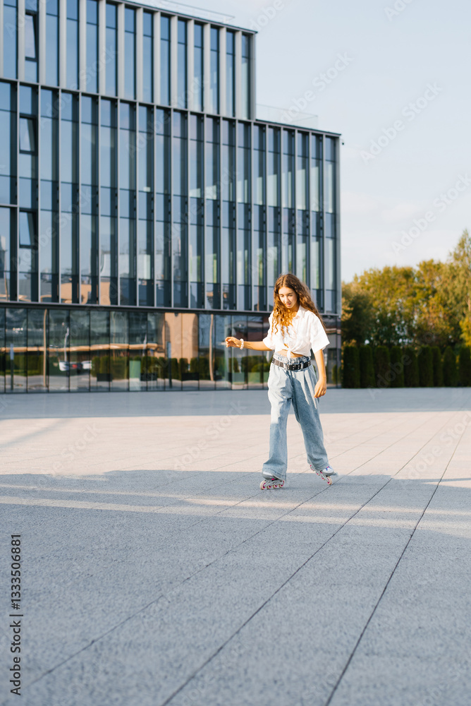 Girl Skating In Modern Plaza