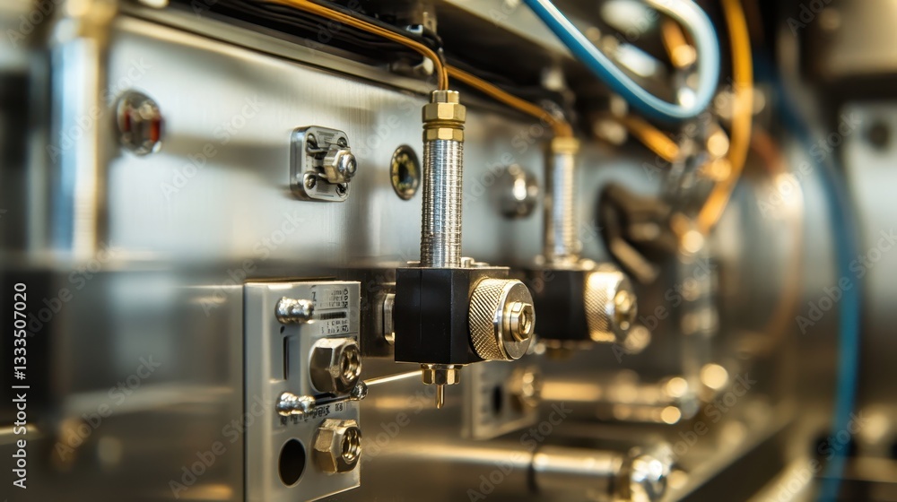 Macro view of control cabinet components, highlighting organized wiring and metallic surfaces, with a focus on intricate details under soft light. Macro view of control cabinet components, highlighting organized wiring and metallic surfaces, with a focus on intricate details under soft light.
