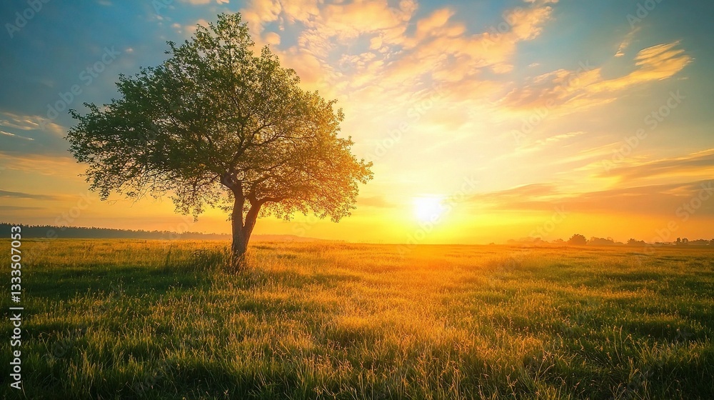 Serene Sunset Over Fields with a Lone Tree and Colorful Sky Serene Sunset Over Fields with a Lone Tree and Colorful Sky
