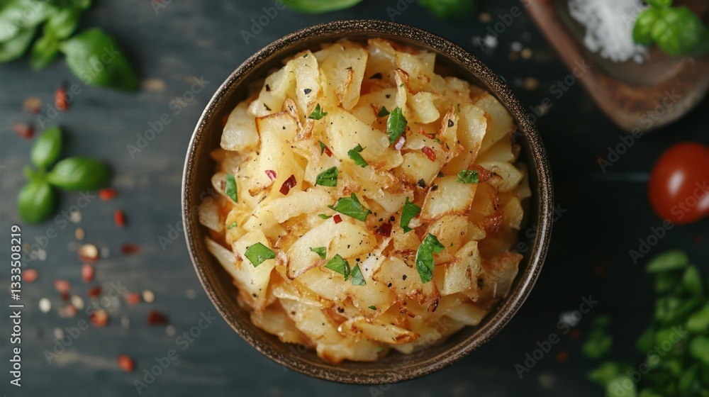 A bowl of potatoes with herbs and spices A bowl of potatoes with herbs and spices