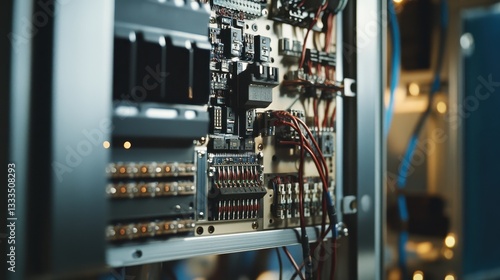 Obraz na płótnie Close-up of wiring and circuits in control cabinet, highlighting intricate details and organized layout with metallic reflections. w salonie