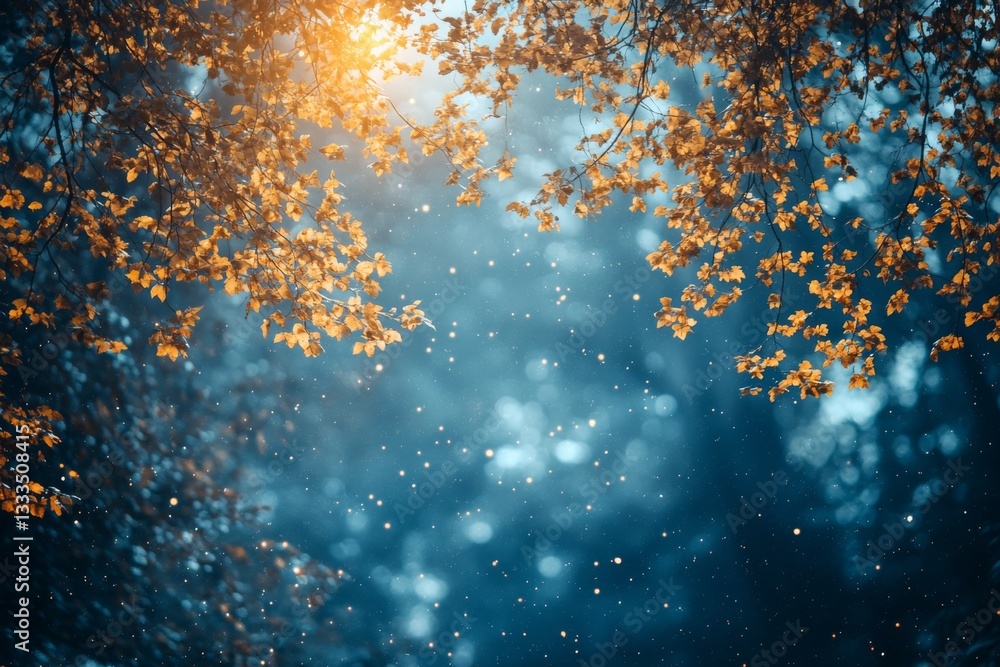 Tree with leaves that are yellow, falling from the tree, creating a sense of movement and change