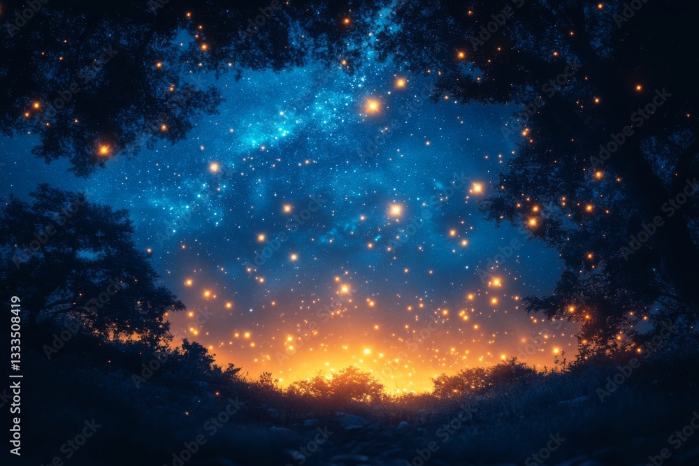 Obraz premium Starry night sky with forest in the background