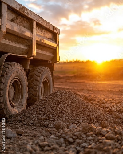 Construction Truck at Sunset with Dirt Pile on Soil in Golden Light Over Rural Landscape