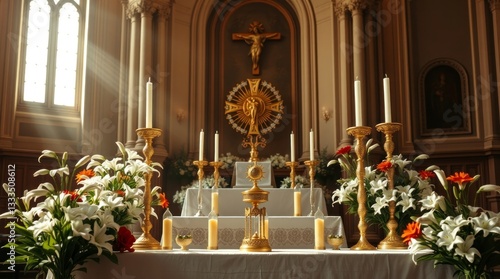 Golden Altar with Lilies and Crucifix in Church