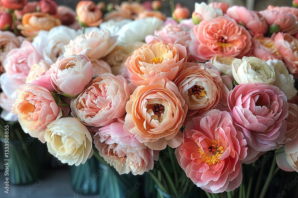 Delicate peony flowers on the shop window