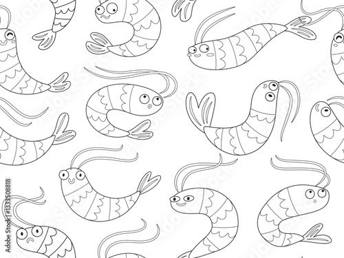 Seamless pattern of cute cartoon shrimps in outline