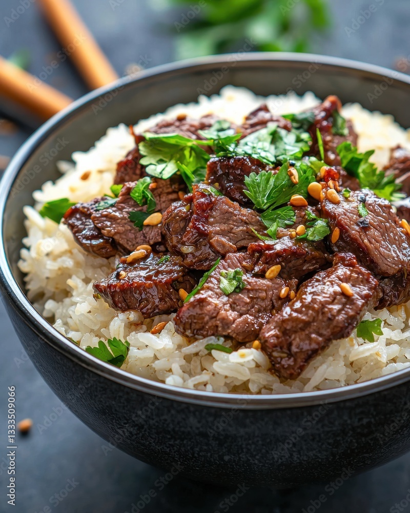 Delicious Bowl of Rice with Tender Beef and Fresh Herbs Topped with Sesame Seeds Delicious Bowl of Rice with Tender Beef and Fresh Herbs Topped with Sesame Seeds