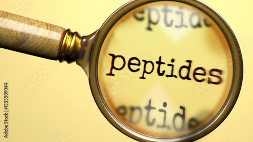 Peptides under magnifying glass. Thorough analysis and inspection of peptides. Taking a closer look at peptides. Examination of the concept of peptides ,3d illustration