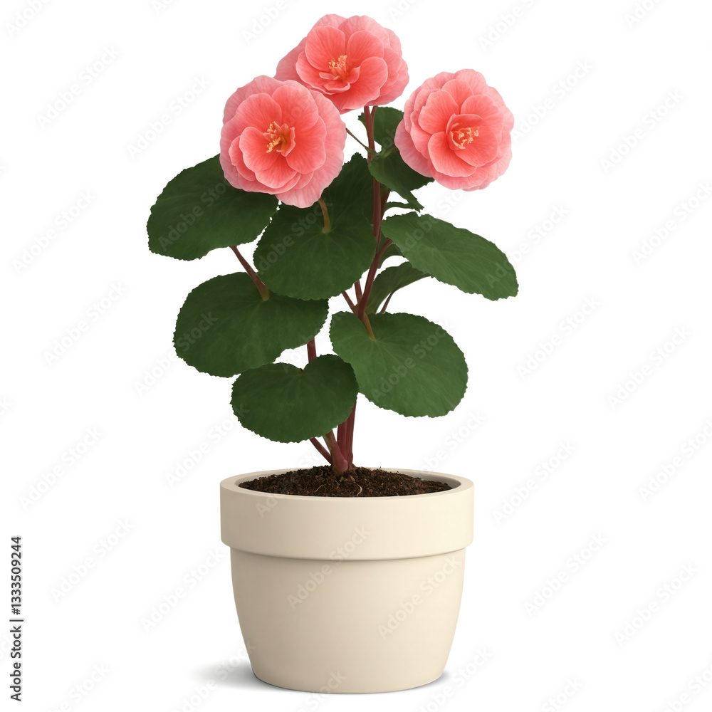 Naklejka premium Begonia in Clay Pot (Begonia x semperflorens-cultorum) A vibrant begonia with clusters of delicate flowers in pink, red, and white,