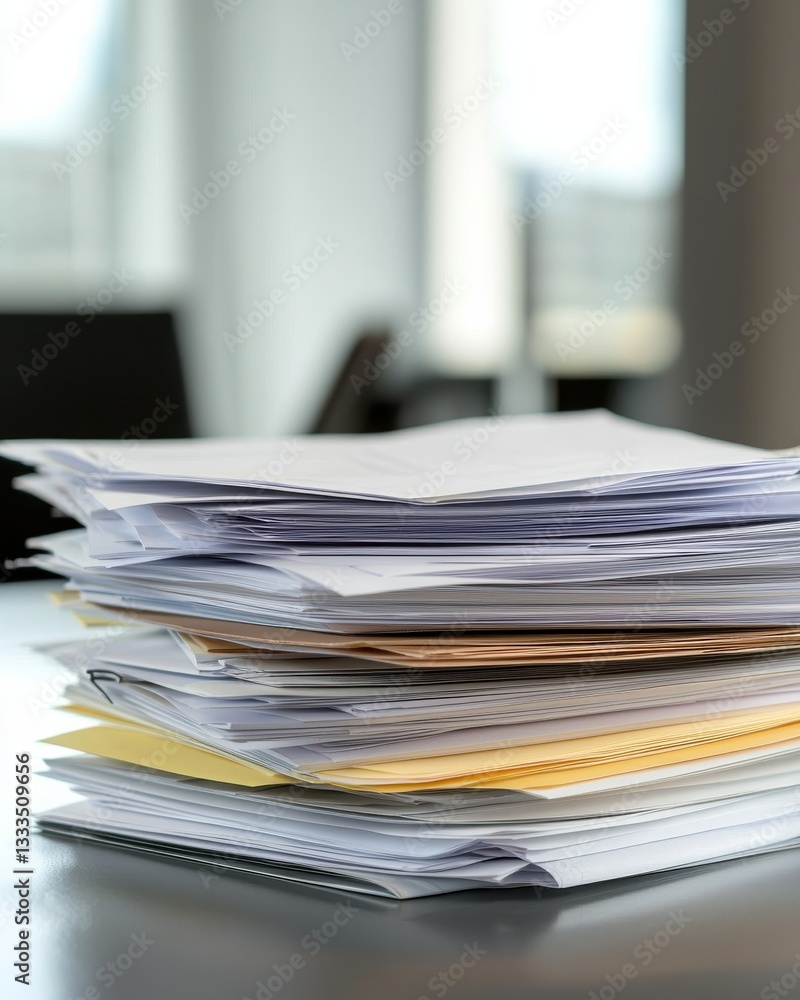 Stacked Papers in Office Setting with Natural Light Streaming Through Windows Stacked Papers in Office Setting with Natural Light Streaming Through Windows