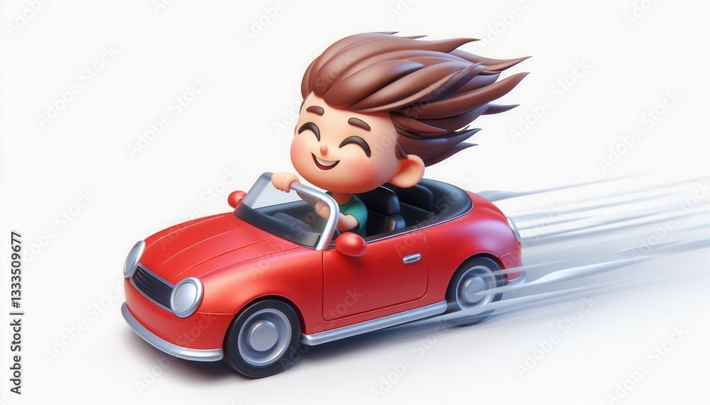Joyful kid driving red sports car animated scene playful environment dynamic perspective Joyful kid driving red sports car animated scene playful environment dynamic perspective