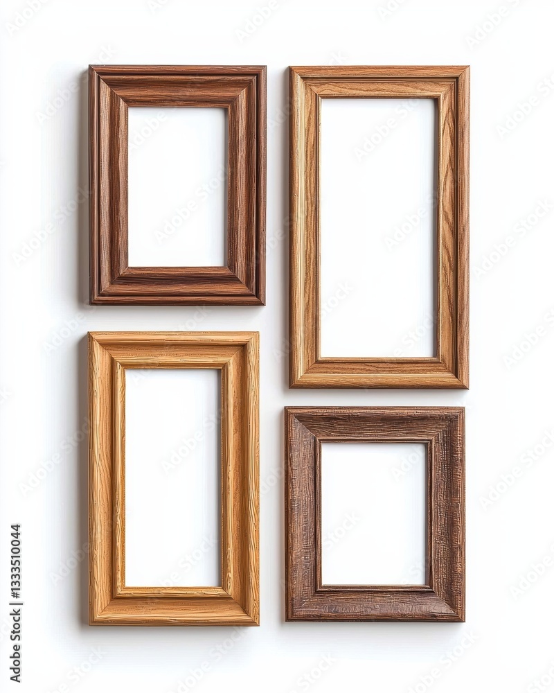 Various Wooden Picture Frames in Different Styles and Colors on a White Background Various Wooden Picture Frames in Different Styles and Colors on a White Background