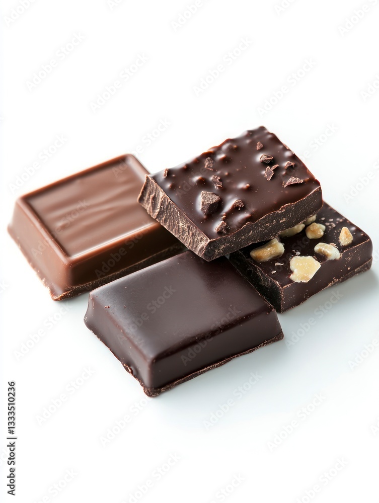 Delicious Assorted Chocolate Squares with Nuts on White Background Delicious Assorted Chocolate Squares with Nuts on White Background