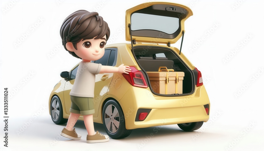 Child unloading cargo from a yellow car animated scene outdoor fun playful concept Child unloading cargo from a yellow car animated scene outdoor fun playful concept