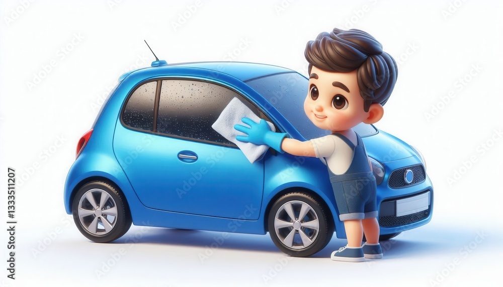 Child washing a bright blue car home garage 3d animation clean environment playful scene Child washing a bright blue car home garage 3d animation clean environment playful scene