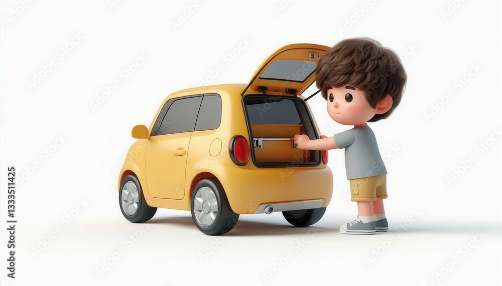 Child loading toys into yellow car playroom illustration bright environment side view fun concept Child loading toys into yellow car playroom illustration bright environment side view fun concept