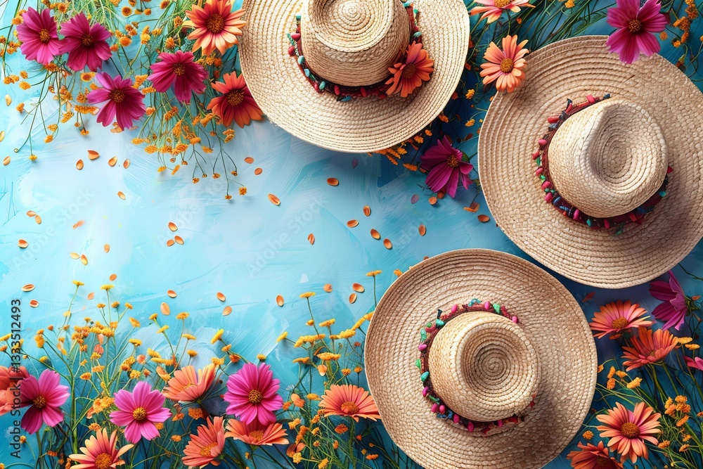 Trio of Straw Hats with Vibrant Flowers on Blue Background