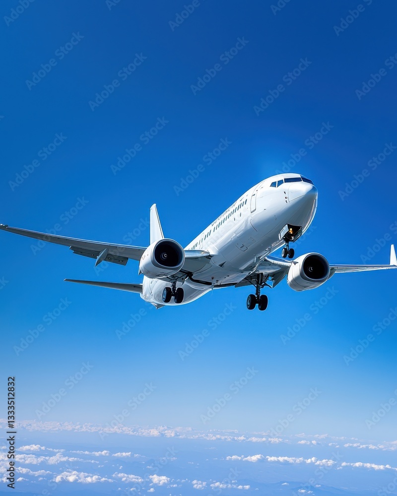 Obraz premium Airplane in Flight Against Clear Blue Sky with White Clouds Below