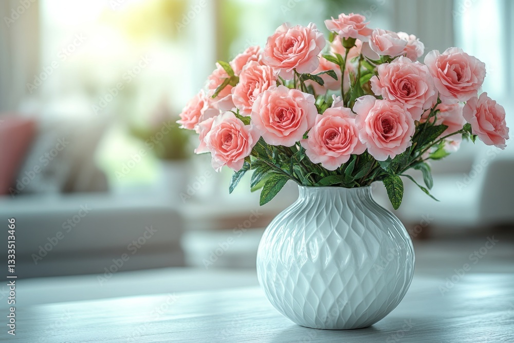 White vase filled with pink roses on table