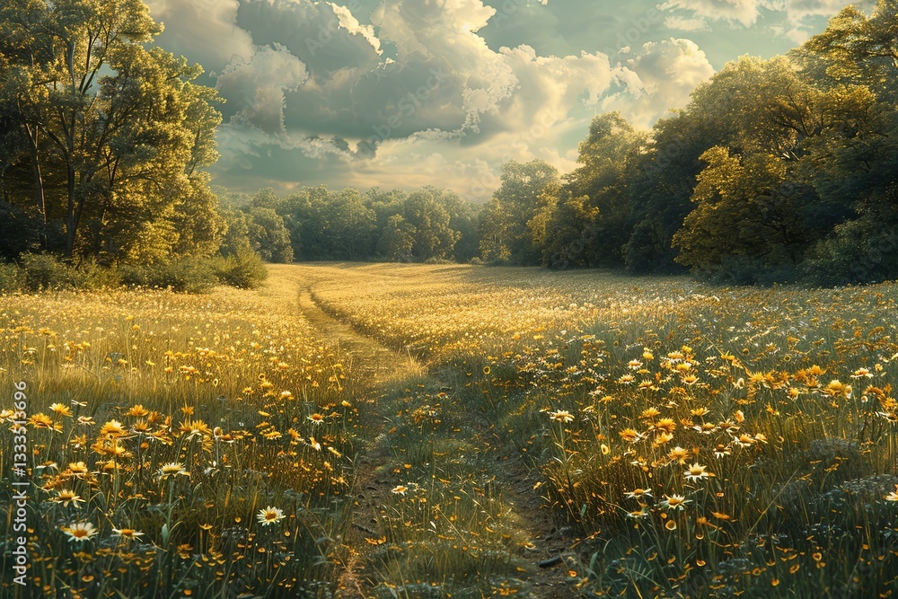 Field of yellow flowers with path through it