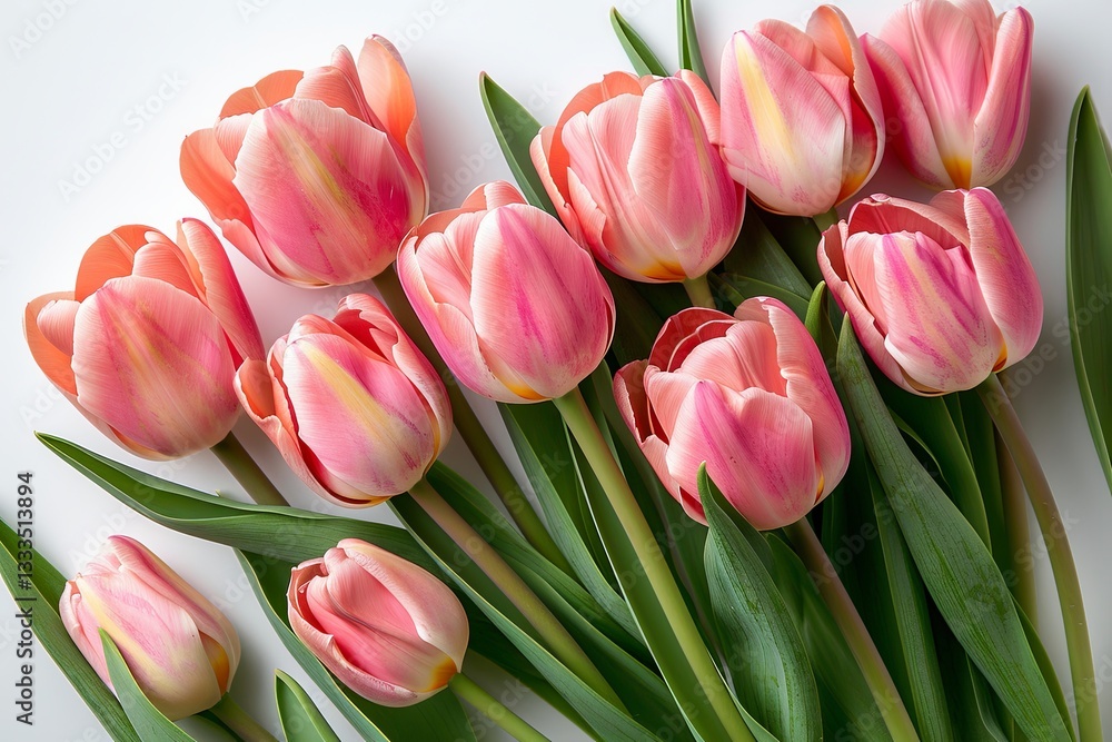 Bouquet of pink tulips with green leaves. Scene is one of beauty and elegance, as the flowers are symbol of love and affection