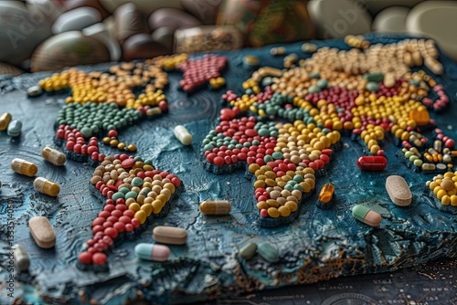 Obraz na płótnie Colorful map of the world is covered in pills. World Health Day w salonie