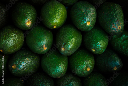 Fresh Dark Green Avocados Stacked in Bulk Display with Visible Stem Ends