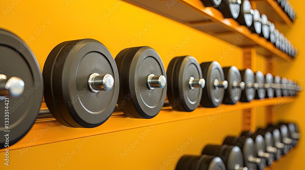 Gym dumbbells rack, fitness, weights, workout, orange wall, exercise, health, background, sport, stock photo Gym dumbbells rack, fitness, weights, workout, orange wall, exercise, health, background, sport, stock photo