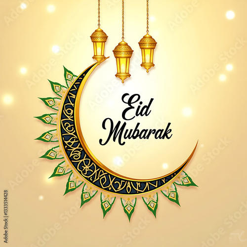 Elegant Eid Mubarak Greeting with Golden Crescent Moon Lanterns and Islamic Decorations, Eid Mubarak.