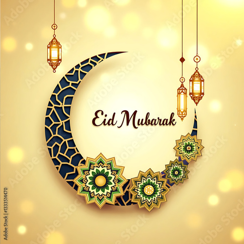 Elegant Eid Mubarak Greeting with Golden Crescent Moon Lanterns and Islamic Decorations, Eid Mubarak.
