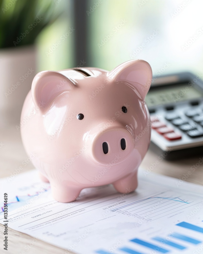 Pink piggy bank on a desk with calculator and financial reports in soft focus for savings concept Pink piggy bank on a desk with calculator and financial reports in soft focus for savings concept