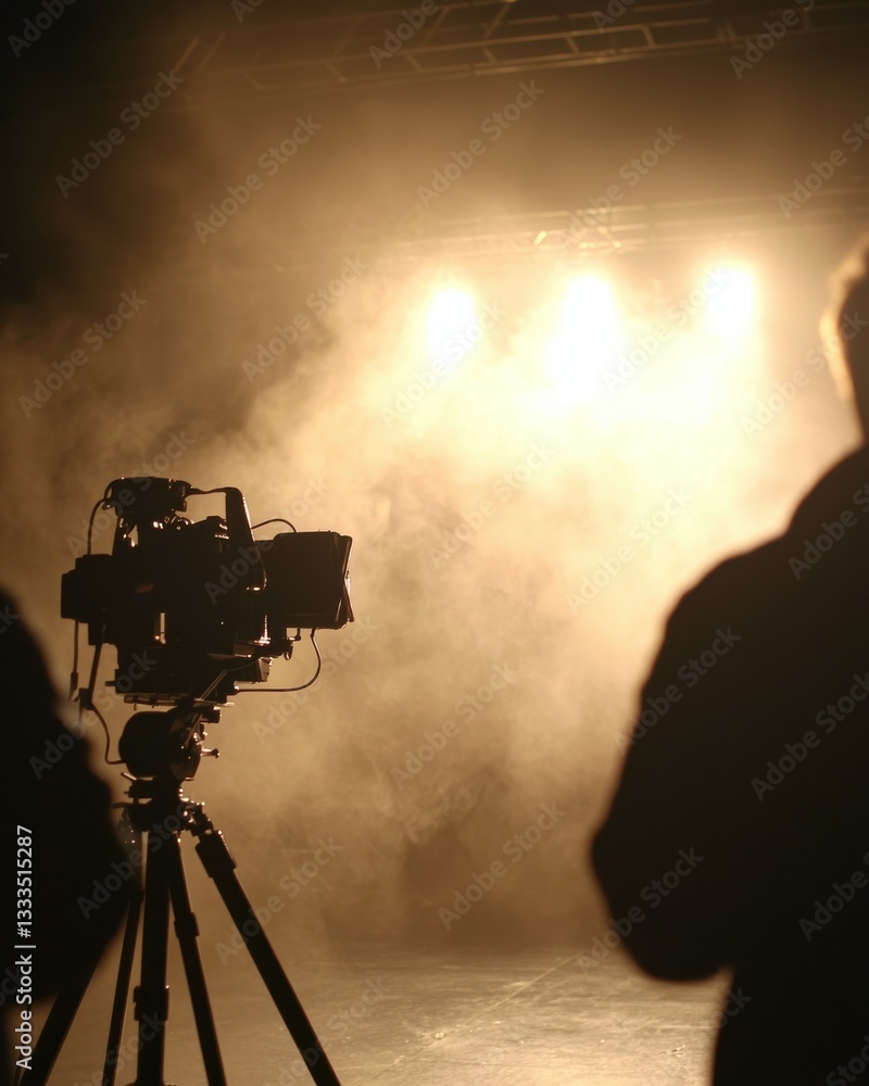 Fototapeta premium Cinematic Scene with Silhouettes and Camera Equipment in a Misty Environment