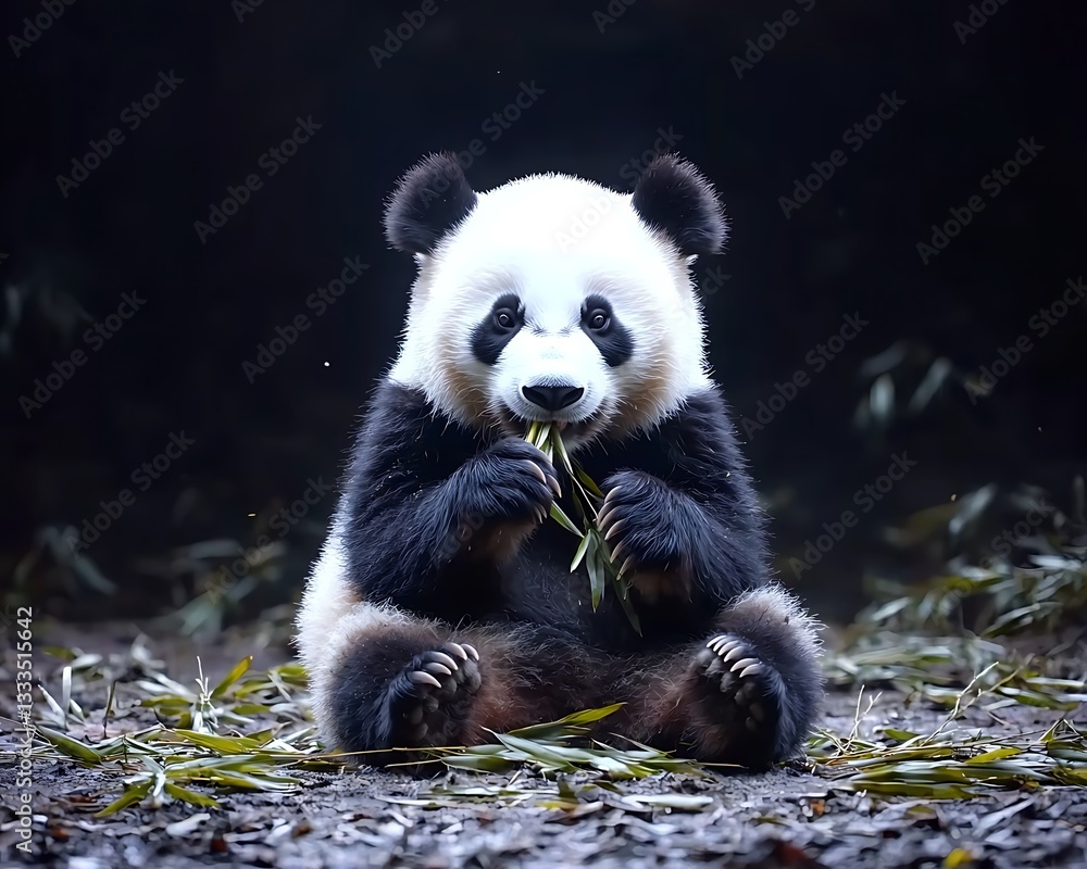 Obraz premium Panda Cub Eating Bamboo for Dark Forest.