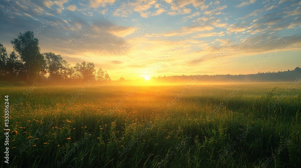 Obraz premium Serene Sunrise Over Calm Meadow Surrounded by Nature's Beauty