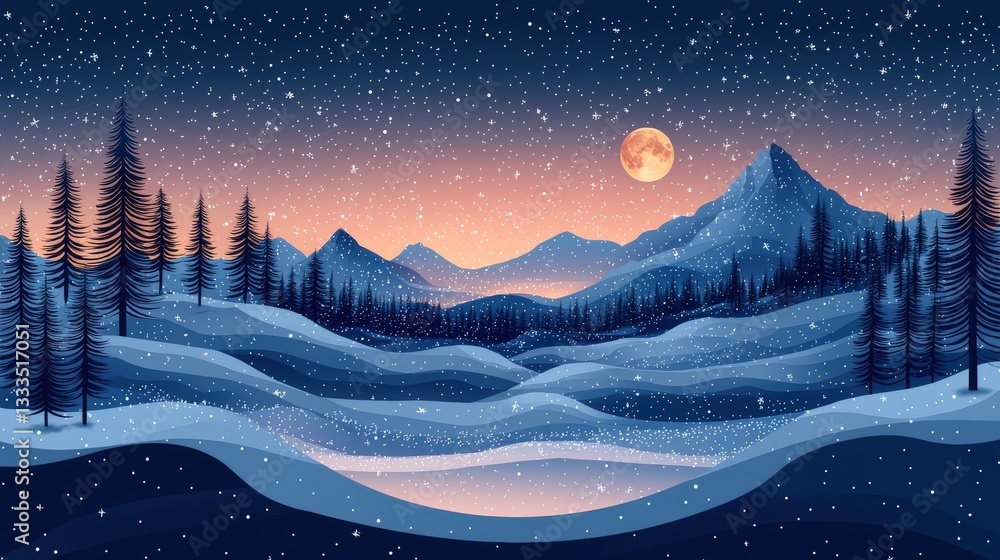 Fototapeta premium Serene Winter Landscape with Moonlit Sky and Falling Snow in a Mountainous Setting