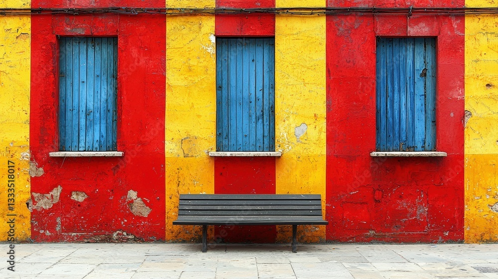 Vibrant Urban Wall with Colorful Stripes and Blue Windows in Sunny Outdoor Setting Vibrant Urban Wall with Colorful Stripes and Blue Windows in Sunny Outdoor Setting