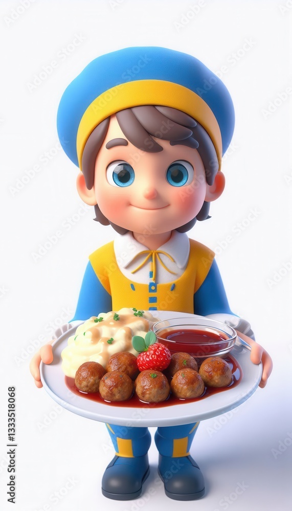 Cute cartoon character serving delicious meatballs in a bright restaurant setting Cute cartoon character serving delicious meatballs in a bright restaurant setting